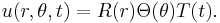 u(r, \theta, t) = R(r)\Theta(\theta)T(t).\,