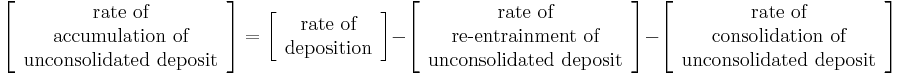 
\left[\begin{array}{c}
\text{rate of}\\
\text{accumulation of}\\
\text{unconsolidated deposit}
\end{array} \right]=
\left[\begin{array}{c}
\text{rate of}\\
\text{deposition}
\end{array} \right] -
\left[\begin{array}{c}
\text{rate of}\\
\text{re-entrainment of}\\
\text{unconsolidated deposit}
\end{array} \right] -
\left[\begin{array}{c}
\text{rate of}\\
\text{consolidation of}\\
\text{unconsolidated deposit}
\end{array} \right]
