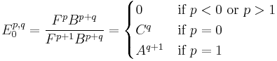 E^{p,q}_0
= \frac{F^p B^{p%2Bq}}{F^{p%2B1} B^{p%2Bq}} = \begin{cases}
0 & \text{if } p < 0 \text{ or } p > 1 \\
C^q & \text{if } p = 0 \\
A^{q%2B1} & \text{if } p = 1 \end{cases}