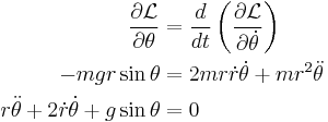 
\begin{align}
\frac{\partial {\mathcal{L}}}{\partial \theta} &= \frac{d}{dt} \left(\frac{\partial {\mathcal{L}}}{\partial \dot{\theta}}\right)\\
-mgr \sin{\theta} &= 2mr \dot{r}\dot{\theta} %2B mr^2 \ddot{\theta}\\
r\ddot{\theta} %2B 2\dot{r}\dot{\theta} %2B g\sin{\theta} &= 0
\end{align}
