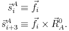 
\begin{align}
\vec{s}^A_{i}   &\equiv  \vec{f}_i  \\
\vec{s}^A_{i%2B3} &\equiv  \vec{f}_i \times\vec{R}_A^0 .\\
\end{align}
