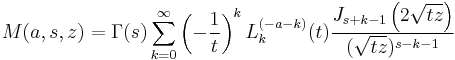 M(a,s,z)= \Gamma (s) \sum_{k=0}^\infty \left(-\frac{1}{t}\right)^k L_k^{(-a-k)}(t) \frac{J_{s%2Bk-1}\left(2 \sqrt{t z}\right)}{(\sqrt{t z})^{s-k-1}}