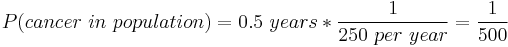  P(cancer~in~population) = 0.5~years * \frac{1}{250~per~year} = \frac{1}{500}