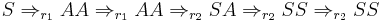 S \Rightarrow_{r_1} AA \Rightarrow_{r_1} AA \Rightarrow_{r_2} SA \Rightarrow_{r_2} SS \Rightarrow_{r_2} SS