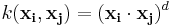 k(\mathbf{x_i},\mathbf{x_j})=(\mathbf{x_i} \cdot \mathbf{x_j})^d