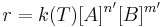 \,r = k(T)[A]^{n'}[B]^{m'}