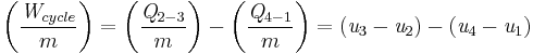 \left(\frac{\mathit{W}_{cycle}}{{m}}\right)=\left(\frac{\mathit{Q}_{2-3}}{{m}}\right)-\left(\frac{\mathit{Q}_{4-1}}{{m}}\right)=(\mathit{u}_3-\mathit{u}_2)-(\mathit{u}_4-\mathit{u}_1)