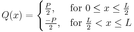 Q(x) = \begin{cases}
    \frac{P}{2}, & \mbox{for } 0 \le x \le \tfrac{L}{2} \\
    \frac{-P}{2}, & \mbox{for } \tfrac{L}{2} < x \le L
    \end{cases}