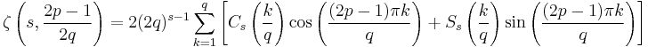 \zeta\left(s,\frac{2p-1}{2q}\right) =
2(2q)^{s-1} \sum_{k=1}^q \left[
C_s\left(\frac{k}{q}\right) \cos \left(\frac{(2p-1)\pi k}{q}\right) %2B
S_s\left(\frac{k}{q}\right) \sin \left(\frac{(2p-1)\pi k}{q}\right)
\right]