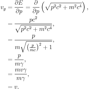 \begin{align}
  v_g &= \frac{\partial E}{\partial p} = \frac{\partial}{\partial p} \left( \sqrt{p^2c^2%2Bm^2c^4} \right),\\
    &= \frac{pc^2}{\sqrt{p^2c^2 %2B m^2c^4}},\\
    &= \frac{p}{m\sqrt{\left(\frac{p}{mc}\right)^2%2B1}},\\
    &= \frac{p}{m\gamma},\\
    &= \frac{mv\gamma}{m\gamma},\\
    &= v.
\end{align}