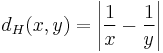  d_H(x,y) = \left| \frac{1}{x} - \frac{1}{y} \right| 