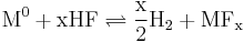 \mathrm{M^{0} %2B xHF \rightleftharpoons \frac{x}{2} H_2 %2B MF_x}