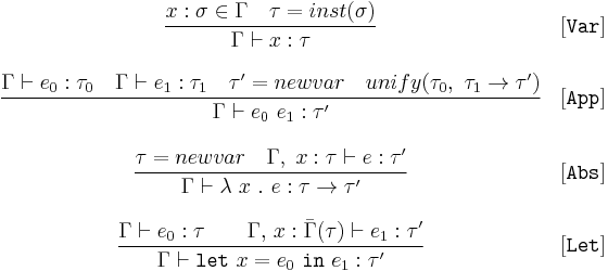 
\begin{array}{cl}
\displaystyle\frac{x:\sigma \in \Gamma \quad \tau = inst(\sigma)}{\Gamma \vdash x:\tau}&[\texttt{Var}]\\ \\
\displaystyle\frac{\Gamma \vdash e_0:\tau_0 \quad \Gamma \vdash e_1�: \tau_1 \quad \tau'=newvar \quad unify(\tau_0,\ \tau_1 \rightarrow \tau') }{\Gamma \vdash e_0\ e_1�: \tau'}&[\texttt{App}]\\ \\
\displaystyle\frac{\tau = newvar \quad \Gamma,\;x:\tau\vdash e:\tau'}{\Gamma \vdash \lambda\ x\ .\ e�: \tau \rightarrow \tau'}&[\texttt{Abs}]\\ \\
\displaystyle\frac{\Gamma \vdash e_0:\tau \quad\quad \Gamma,\,x:\bar{\Gamma}(\tau) \vdash e_1:\tau'}{\Gamma \vdash \texttt{let}\ x = e_0\ \texttt{in}\ e_1�:  \tau'}&[\texttt{Let}]
\end{array}
