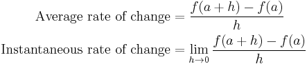 \begin{align}\mbox{Average rate of change}&=\frac{f(a%2Bh)-f(a)}{h}\\
\mbox{Instantaneous rate of change}&=\lim_{h \to 0}\frac{f(a%2Bh)-f(a)}{h}\end{align}