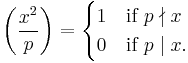 
\left(\frac{x^2}{p}\right) =
\begin{cases} 1&\mbox{if }p\nmid x\\0&\mbox{if }p\mid x.
\end{cases}
