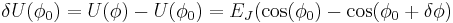 
  \delta U(\phi_0) = U(\phi)-U(\phi_0) 
  = E_J (\cos(\phi_0)-\cos(\phi_0%2B\delta\phi)\,
