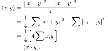 \begin{align}
\langle x, y\rangle&={\|x%2By\|^2-\|x-y\|^2\over 4}\\
&=\frac{1}{4} \left[ \sum |x_i %2By_i|^2 -\sum|x_i-y_i|^2 \right]\\
&=\frac{1}{4} \left[ 4 \sum x_i y_i \right]\\
&=(x\cdot y),
\end{align}
