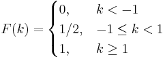  F(k) = 
    \begin{cases}
     0,   & k < -1 \\
     1/2, & -1 \leq k < 1 \\
     1,   & k \geq 1
    \end{cases}
    