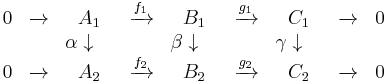 \begin{array}{ccccccccc} 0&\xrightarrow{}&A_1&\xrightarrow{f_1}&B_1&\xrightarrow{g_1}&C_1&\xrightarrow{}&0\\ &&\alpha\downarrow\quad&&\beta\downarrow\quad&&\gamma\downarrow\quad&&\\ 0&\xrightarrow{}&A_2&\xrightarrow{f_2}&B_2&\xrightarrow{g_2}&C_2&\xrightarrow{}&0 \end{array}