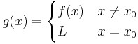 g(x) = \begin{cases}f(x) & x\ne x_0 \\ L & x = x_0\end{cases}