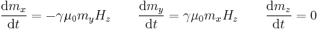 \frac{\mathrm{d}m_x}{\mathrm{d}t}=-\gamma \mu_0 m_y H_z \qquad \frac{\mathrm{d}m_y}{\mathrm{d}t}=\gamma \mu_0 m_x H_z \qquad \frac{\mathrm{d}m_z}{\mathrm{d}t}=0