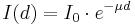 I(d) = I_0 \cdot e ^{-\mu d}