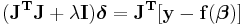 \mathbf{(J^{T}J %2B \lambda I)\boldsymbol \delta  = J^{T} [y - f(\boldsymbol \beta)]}\!