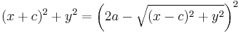 (x%2Bc)^2 %2B y^2 = \left ( 2a - \sqrt{(x-c)^2%2By^2} \right )^2