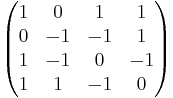 \begin{pmatrix}1& 0& 1& 1\\0& -1& -1& 1\\ 1& -1& 0& -1\\ 1& 1& -1& 0 \end{pmatrix}