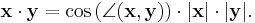 \mathbf x \cdot \mathbf y = \cos\left(\angle (\mathbf x, \mathbf y)\right) \cdot |\mathbf x| \cdot |\mathbf y|.