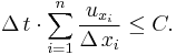  {\Delta\, t}\cdot\sum_{i=1}^n\frac{u_{x_i}} {\Delta\, x_i} \leq C. 