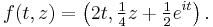  f(t,z) = \left(2t, \tfrac{1}{4}z %2B \tfrac{1}{2}e^{it}\right).