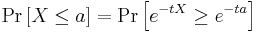 \Pr\left[X \le a\right] = \Pr\left[e^{-tX} \ge e^{-ta}\right] 