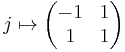 j \mapsto \begin{pmatrix}
  -1 & 1 \\
   1 & 1
\end{pmatrix}