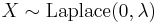 X \sim \mathrm{Laplace}(0, \lambda)\,