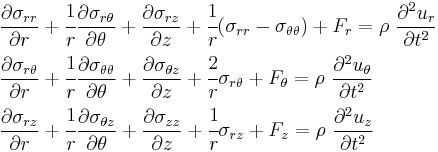 
  \begin{align}
    & \frac{\partial \sigma_{rr}}{\partial r} %2B \cfrac{1}{r}\frac{\partial \sigma_{r\theta}}{\partial \theta} %2B \frac{\partial \sigma_{rz}}{\partial z} %2B \cfrac{1}{r}(\sigma_{rr}-\sigma_{\theta\theta}) %2B F_r = \rho~\frac{\partial^2 u_r}{\partial t^2} \\
    & \frac{\partial \sigma_{r\theta}}{\partial r} %2B \cfrac{1}{r}\frac{\partial \sigma_{\theta\theta}}{\partial \theta} %2B \frac{\partial \sigma_{\theta z}}{\partial z} %2B \cfrac{2}{r}\sigma_{r\theta} %2B F_\theta = \rho~\frac{\partial^2 u_\theta}{\partial t^2} \\
    & \frac{\partial \sigma_{rz}}{\partial r} %2B \cfrac{1}{r}\frac{\partial \sigma_{\theta z}}{\partial \theta} %2B \frac{\partial \sigma_{zz}}{\partial z} %2B \cfrac{1}{r}\sigma_{rz} %2B F_z = \rho~\frac{\partial^2 u_z}{\partial t^2}
  \end{align}
