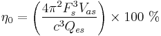 \eta_0 = \left(\frac{4 \pi^2 F_s^3 V_{as}}{c^3 Q_{es}}\right)\times100\�%