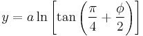 y  = a\ln \left[\tan \left(\frac{\pi}{4} %2B \frac{\phi}{2} \right) \right]