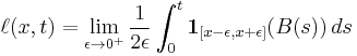 \ell(x,t) = \lim_{\epsilon\to 0^%2B}\frac{1}{2\epsilon}\int_0^t \mathbf{1}_{[x-\epsilon,x%2B\epsilon]}(B(s))\,ds