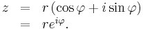 \begin{array}{lll}z& = & r \left (\cos \varphi %2B i \sin \varphi\right) \\
& = & r e^{i \varphi}.
\end{array} \,
