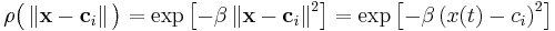  \rho \big ( \left \Vert \mathbf{x} - \mathbf{c}_i  \right \Vert \big ) = \exp \left[ -\beta \left \Vert \mathbf{x} - \mathbf{c}_i  \right \Vert ^2 \right] = \exp \left[ -\beta \left ( x(t) - c_i  \right ) ^2 \right] 