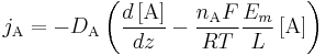 
j_{\mathrm{A}} = -D_{\mathrm{A}} 
\left( \frac{d\left[ \mathrm{A}\right]}{dz} - \frac{n_{\mathrm{A}}F}{RT} \frac{E_{m}}{L} \left[ \mathrm{A}\right] \right)
