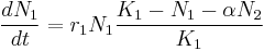 \frac{dN_1}{dt} = r_1 N_1\frac{K_1-N_1 - \alpha N_2}{K_1}\,