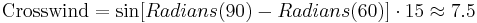 \text{Crosswind} = \sin[Radians(90)-Radians(60)] \cdot 15 \approx 7.5 