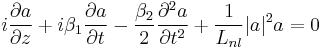 i \frac{\partial a}{\partial z} %2B i \beta_1 \frac{\partial a}{\partial t} - \frac{\beta_2}{2} \frac{\partial^2 a}{\partial t^2} %2B \frac{1}{L_{nl}} |a|^2 a = 0