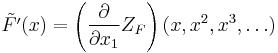 \tilde{F'}(x) = \left( \frac{\partial}{\partial x_1} Z_F \right)(x, x^2, x^3, \dots)