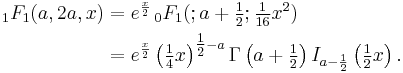 \begin{align}\, _1F_1(a,2a,x)&= e^{\frac x 2}\, _0F_1 (; a%2B\tfrac{1}{2}; \tfrac{1}{16}x^2) \\
&= e^{\frac x 2} \left(\tfrac{1}{4}x\right)^{\tfrac{1}{2}-a} \Gamma\left(a%2B\tfrac{1}{2}\right) I_{a-\frac 1 2}\left(\tfrac{1}{2}x\right).\end{align}