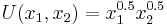 U(x_1,x_2) = x_1^{0.5}x_2^{0.5}