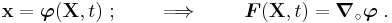 
   \mathbf{x} = \boldsymbol{\varphi}(\mathbf{X}, t)~; \qquad\implies\qquad 
   \boldsymbol{F}(\mathbf{X},t) = \boldsymbol{\nabla}_{\circ} \boldsymbol{\varphi} ~.
