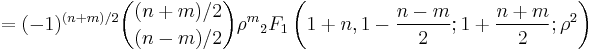 = (-1)^{(n%2Bm)/2}\binom{(n%2Bm)/2}{(n-m)/2}\rho^m
{}_2F_{1}\left(1%2Bn,1-\frac{n-m}{2};1%2B\frac{n%2Bm}{2};\rho^2\right)
